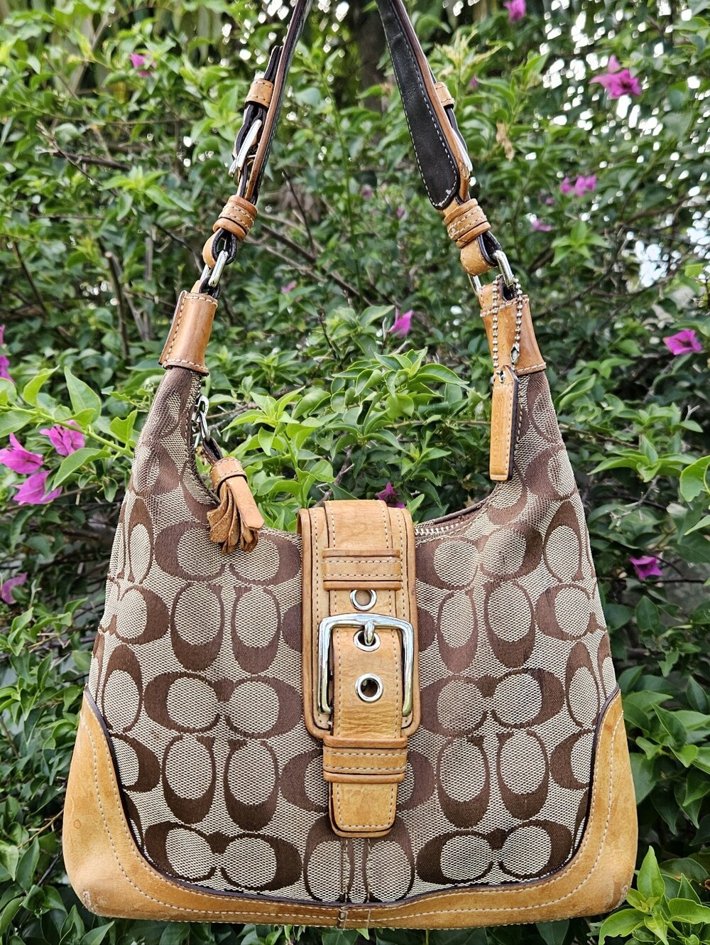 Vintage Coach Hampton Signature Shoulder Bag Y2K Buckle Jacquard Leather 6828